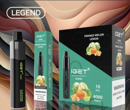 IGET Legend disposable vape devices with orange-melon-lemon flavor packaging against a swirled background.