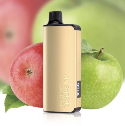 Gold Vape Device Standing Upright with Red and Green Apples in the Background Suggesting Fruit-flavored唷 or Natural Ingredients informative Product Shot - Australia E-cigarette Store