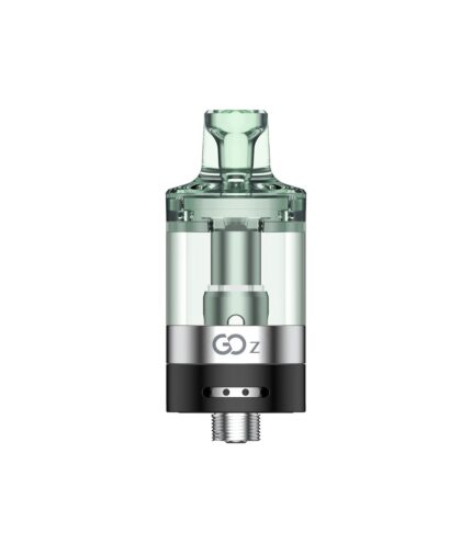 Green translucent vape tank with a metal base and threaded connector for a mod, showing GO Z branding on the base