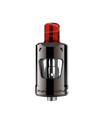 Vape tank/atomizer with a red translucent top cap and metallic body, shown head-on with glass chamber and threaded base.