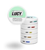 Stack of Lucy Nicotine Pouch Tins with Mint Flavor on Top and a Nicotine Warning Label Visible on the Lid - Australia E-cigarette Store