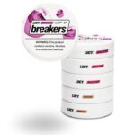 Round Tin Labeled Breakers by Lucy with a Nicotine Warning Stacked White Tins Show Flavors Berry Citrus Apple Cider Espresso assorted Lucy Breakers Nicotine Pouches - Australia E-cigarette Store