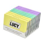 Lucy Nicotine Gum Packaging Bright Yellow Front Box with Rainbow-colored Sleeves Arranged in a Row Displaying the Brand Name and Nicotine Warning Text on the Front Edge of the Packaging - Australia E-cigarette Store