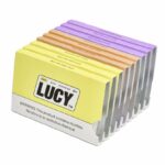 Pack of Lucy Nicotine Gum Boxes with Multi-colored Pastel Sticks Arranged in Rows Yellow Front Panel and Warning Label Visible on the Box Edge - Australia E-cigarette Store