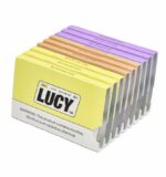Pack of Lucy Nicotine Gum Boxes with Multi-colored Pastel Sticks Arranged in Rows Yellow Front Panel and Warning Label Visible on the Box Edge - Australia E-cigarette Store