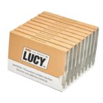 Rows of Orange Lucy Nicotine Pouch Boxes Arranged Diagonally with the Lucy Logo and Nicotine Warning Visible on the Front Box - Australia E-cigarette Store