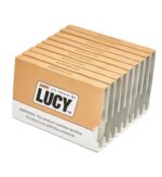 Rows of Orange Lucy Nicotine Pouch Boxes Arranged Diagonally with the Lucy Logo and Nicotine Warning Visible on the Front Box - Australia E-cigarette Store