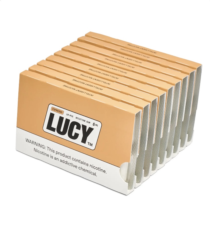 Screenshot - Australia E-cigarette Store Rows of Orange Lucy Nicotine Pouch Boxes Arranged Diagonally with the Lucy Logo and Nicotine Warning Visible on the Front Box - Australia E-cigarette Store