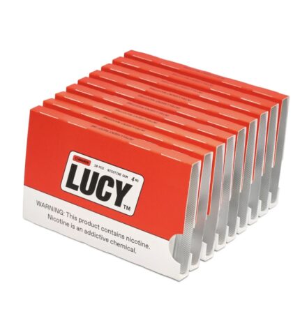 Stack of Red and White Lucy Nicotine Gum Boxes in Cinnamon Flavor Arranged in a Row - Australia E-cigarette Store