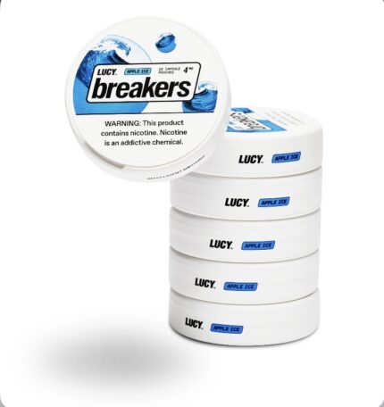 Stack of Lucy Breakers Apple Ice Nicotine Pouches with One Lid Open Showing the Label and Warning Text Beside It White Containers on a White Background - Australia E-cigarette Store