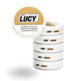 Stack of Lucy Espresso Nicotine Pouch Tins with One Lid Facing Forward Showing the Lucy Logo and Warning Label - Australia E-cigarette Store