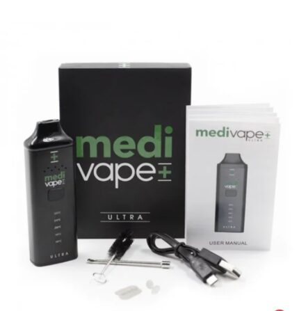 MediVape Ultra starter kit: black vape device with box, user manual, USB charging cable, brushes, and small accessories.