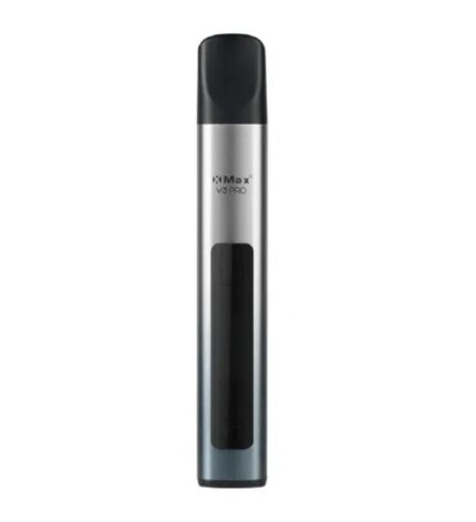 XMax V3 Pro vape pen standing upright with a silver body, black mouthpiece, and a dark window panel.