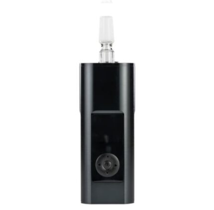Black vape mod with a clear mouthpiece on top and a circular control wheel on the front, facing the viewer