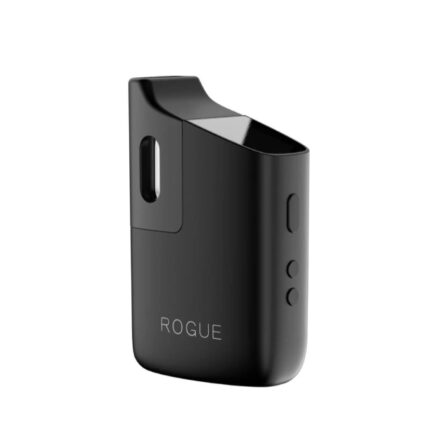 Black Rogue compact vaping device with curved mouthpiece and two small side buttons, brand visible on the front.