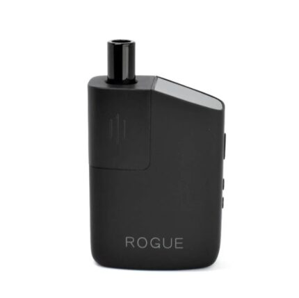 Compact black Rogue vape device with a top mouthpiece and side control buttons, standing upright.