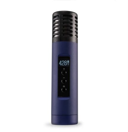 Blue handheld microphone with black grille and a digital display showing 428°F