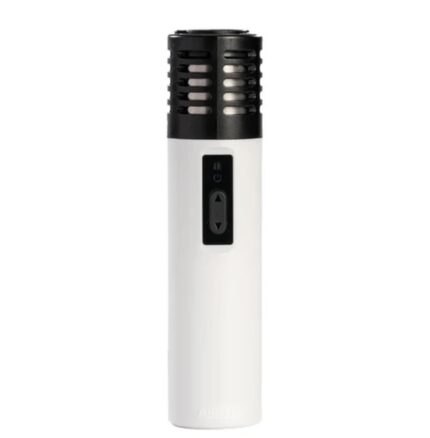 White handheld torch lighter with a vented black top and vertical flame control panel on the body.