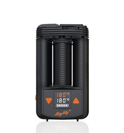 Compact black portable heater with vertical vent fins and orange controls; display shows 180°C.