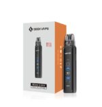 Vape Pod Device Wenax Q Ultra Next to Its White-and-orange Packaging Showing a Black Cylindrical Device with a Digital Display and Blue Accents - Australia E-cigarette Store