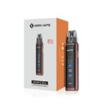 Geekvape Wenax Q Ultra Vape Kit Beside Its Gray and Orange Box Showing the Burgundy Device with a Digital Display in Front of It - Australia E-cigarette Store