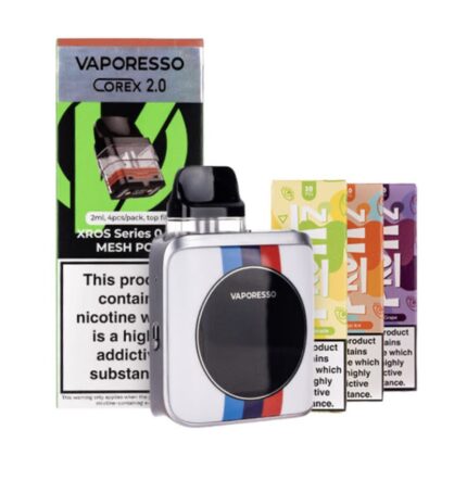Vaporesso Corex 20 Vape Kit with a Silver Device Featuring Blue White and Red Stripes Shown with Boxed Packaging in the Background and Colorful Pod Packs Nearby - Australia E-cigarette Store