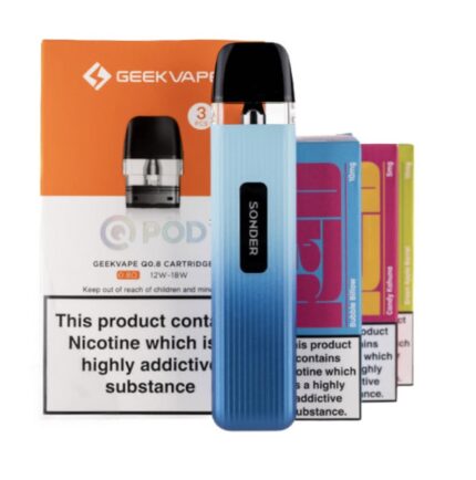 Blue pod vape device with a black mouthpiece in front of orange GeekVape packaging and colorful replacement pods; nicotine warning label visible on the box/packaging.