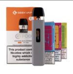 Grey Sondor Pod Vape in Front of Orange Geekvape Qpod Packaging and Colorful Pod Boxes Showing a Ready-to-use Vaping Device - Australia E-cigarette Store