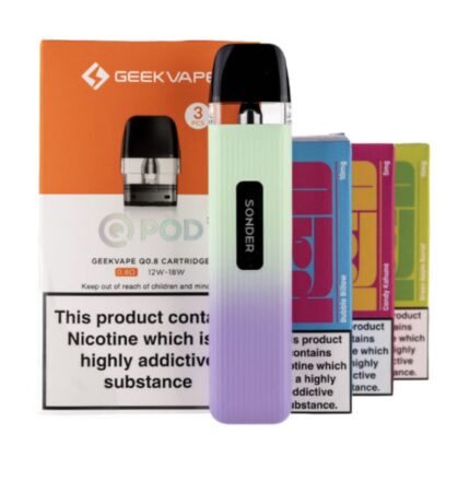 Pod vape device with a pastel gradient finish, placed in front of colorful replacement pods and a nicotine warning box behind it.