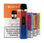 Colorful Vape Pod Device in Front of Orange Geekvape Box with Nicotine Warning Label Showing this Product Contains Nicotine and Assorted Pod Packages in the Background - Australia E-cigarette Store