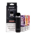 Smok Novo 2x Pod Vape Kit with Black Textured Device and Three Flavor Pods in Packaging Behind It - Australia E-cigarette Store
