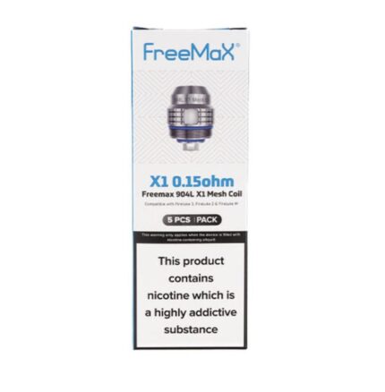 Freemax X1 015 Ohm Mesh Coil Pack 5 Pcs for Freemax Vape Devices Shows Product Box with Coil Image and Nicotine Warning - Australia E-cigarette Store