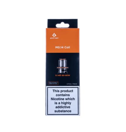 Orange-and-black MO.14 Coil packaging showing a coil image and a nicotine warning label on the front.