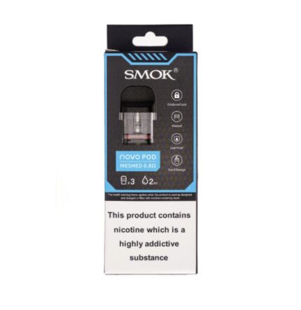 Packaging Image of a Smok Novo Pod Meshed 08Ω Device with Warning Label and Product Details on the Box - Australia E-cigarette Store