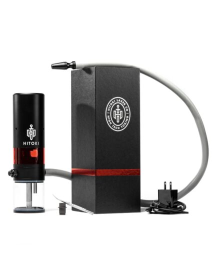 Hitoki laser cleaning/engraving system comprising a black rectangular unit with a laser head on the left, red transparent section, and a power cord on the right with the Hitoki logo visible on the box and components nearby.