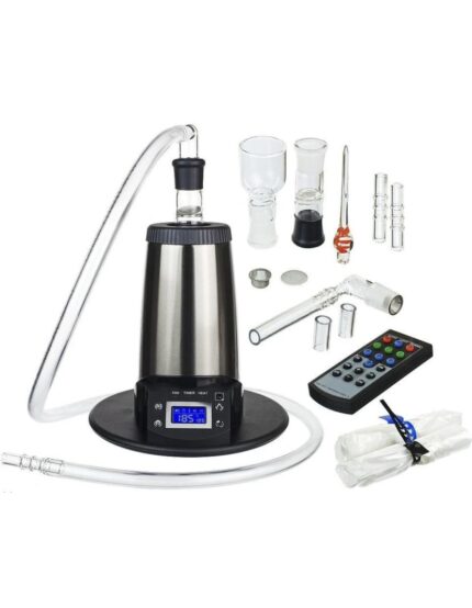 All-in-one home distillation kit with stainless steel boiler, clear tubing, glass collection heads, and accessories including a remote control.