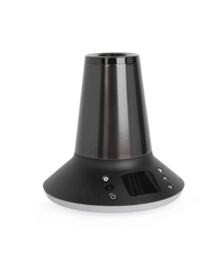 Black cone-shaped aroma diffuser on a circular base with control buttons and display area