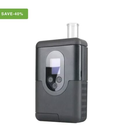 Portable medical device with a front display and controls, black body, rounded edges, vents on the side; green 'SAVE-40%' badge in the top-left corner.