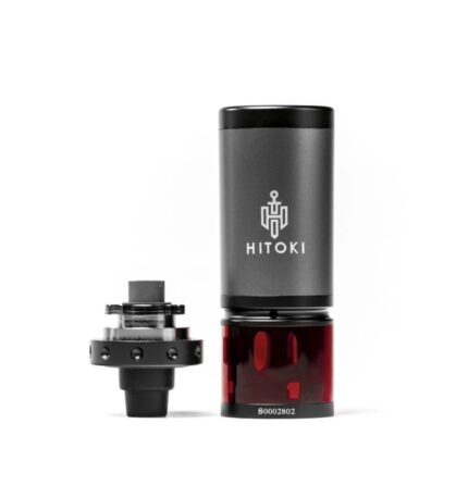 Hitoki Branded Black and Gray Cylindrical Vaporizer with a Red Translucent Base Shown Against a White Background - Australia E-cigarette Store