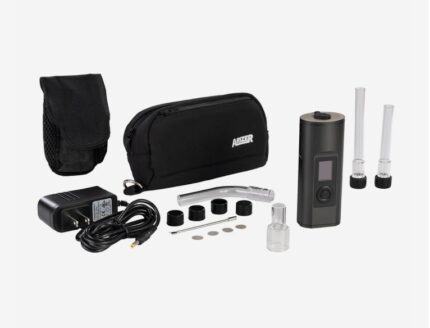 Arizer portable vaporizer with glass stems and accessories arranged next to a black carry bag and charger.