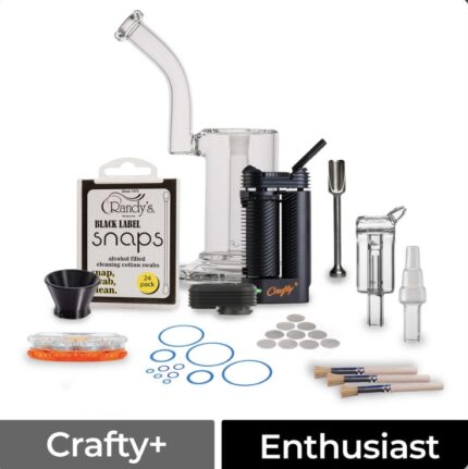 Complete at-home smoking accessory kit including a glass water pipe, grinder, carb cap, screens, O-rings, cleaning tools, and brushes, labeled Crafty+ and Enthusiast.