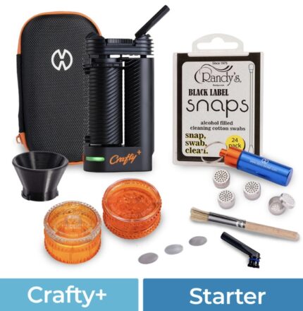 Crafty+ portable vaporizer starter kit with a black handheld unit, orange-accent case, charging dock, cleaning swabs, replacement screens, mouthpieces, brush, and two orange storage jars.