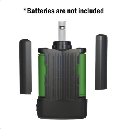 Vape mod with two green batteries installed and a tank on top; caption states batteries not included.