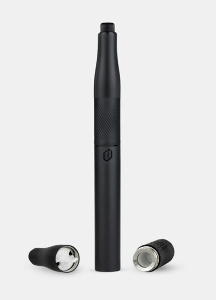 Slim black vape pen with two detachable tips on a white background