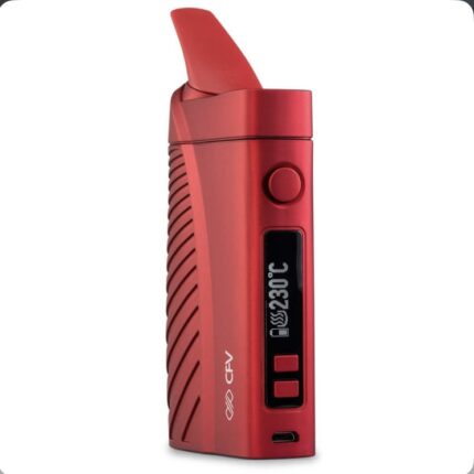 Red vape mod device with curved mouthpiece, vertical black digital display, and two red control buttons.