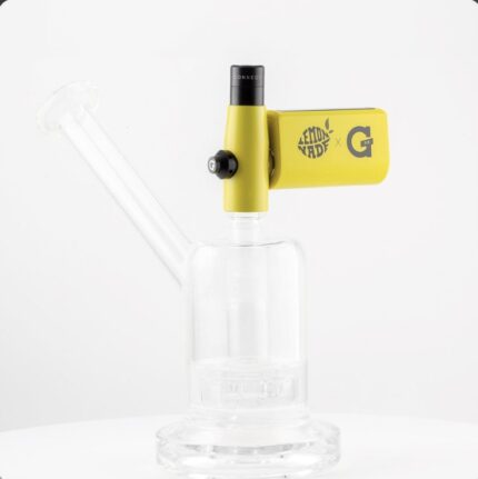 Clear Glass Bong with a Yellow Gadget Mounted on the Top Branded lemonade X G on a White Background Concise and Informative - Australia E-cigarette Store