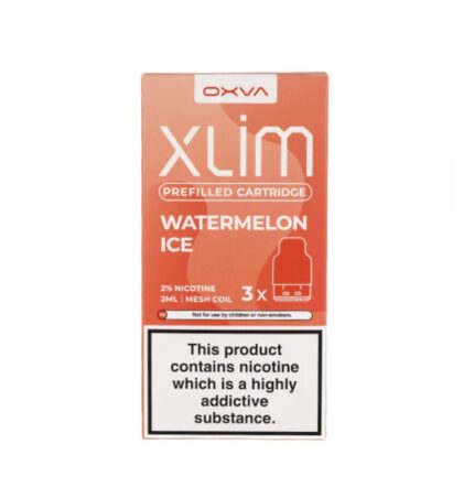 Orange Oxva Xlim Watermelon Ice Prefilled Cartridge Box Showing 2 Nicotine and 2 Ml Capacity with a Bold Nicotine Warning Label at the Bottom - Australia E-cigarette Store