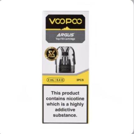 VOPOO Argus Top Fill Cartridge box, 3 pieces, 2 mL each, nicotine warning label visible on front.