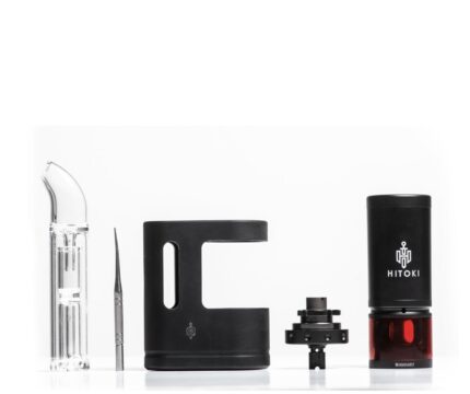 Disassembled Hitoki Device with Glass Chamber Precision Tool Black Body Frame Coil Adapter and Blackred Cartridge on a White Surface - Australia E-cigarette Store