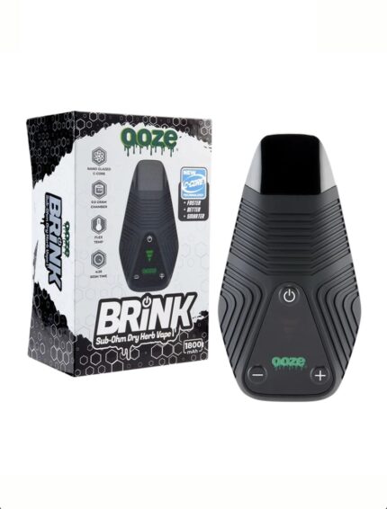 Ooze Brink sub-ohm dry herb vape device beside its packaging box.
